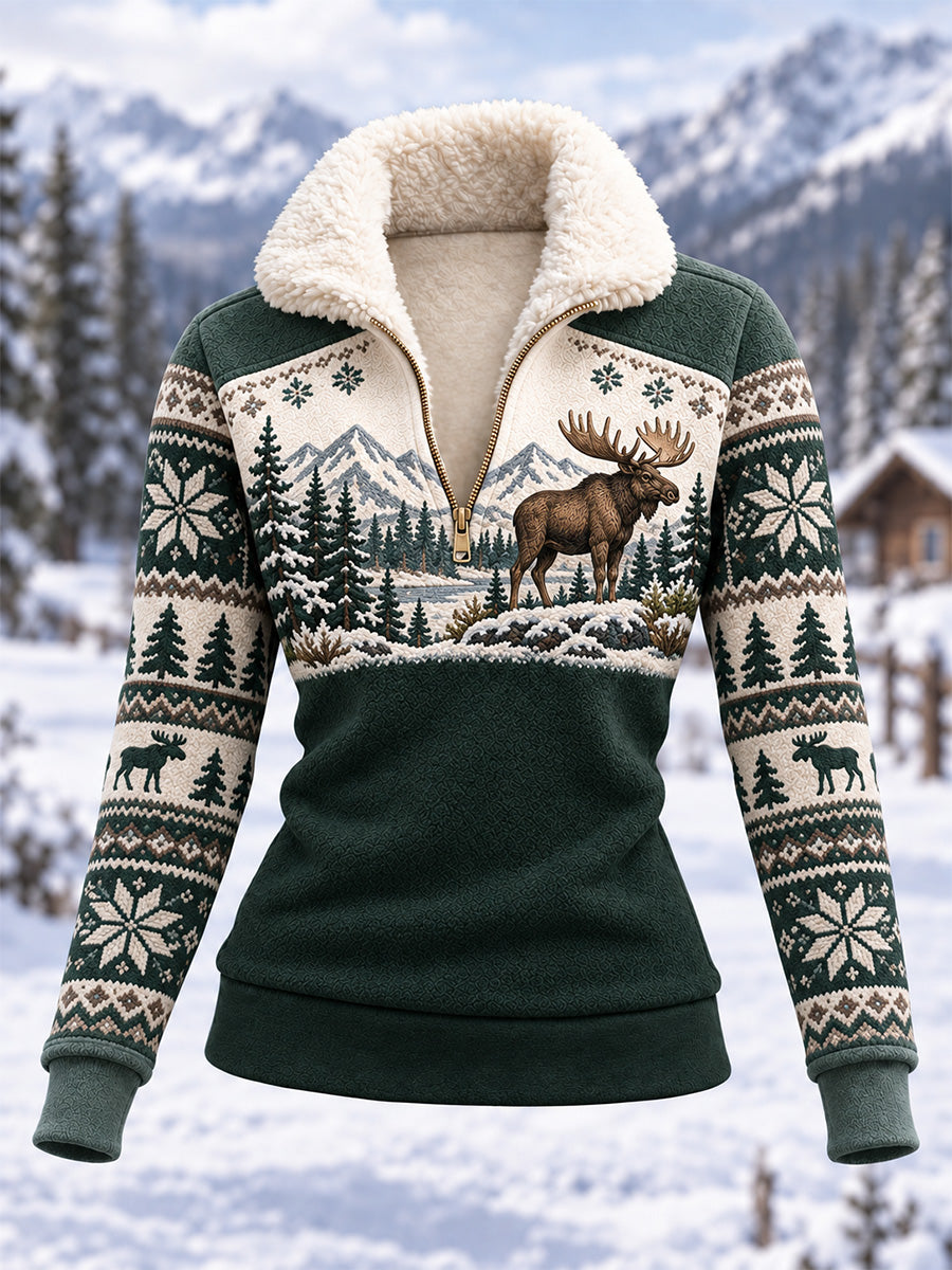 Women's Winter Moose Print Casual Composite Fleece Hoodie