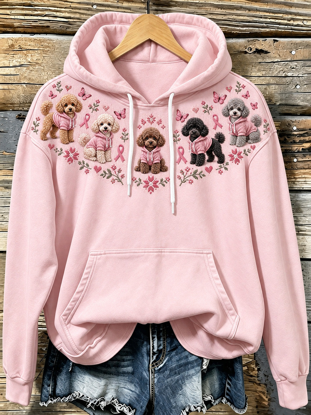 Women's Dog Pattern and Pink Charity Ribbon Design Casual  Hoodie
