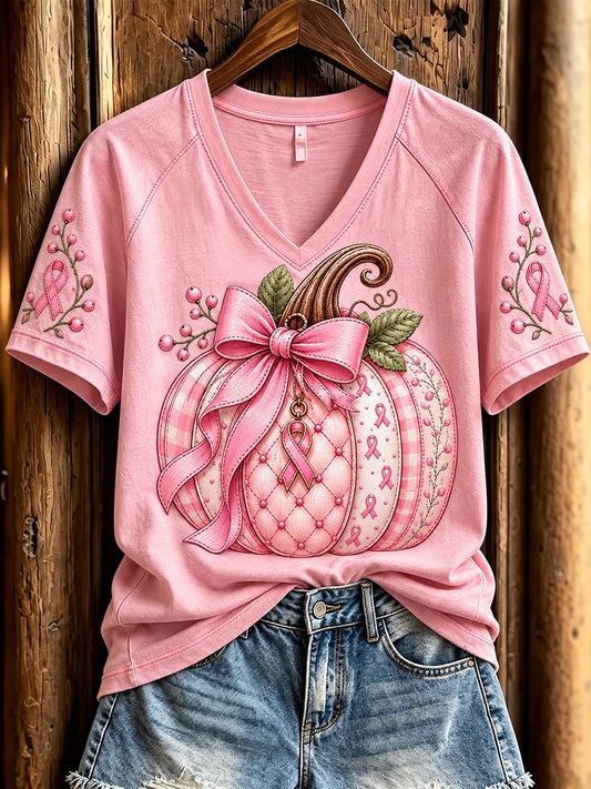 Women's Pink Ribbon Pumpkin Print V-neck Short-sleeved T-shirt