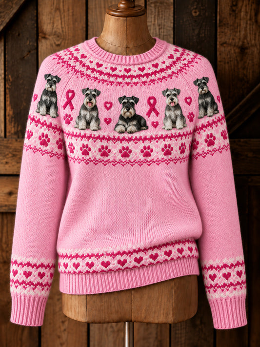 Women's Vintage Pink Ribbon Schnauzer Yoke Isle Print Long-sleeved Sweater