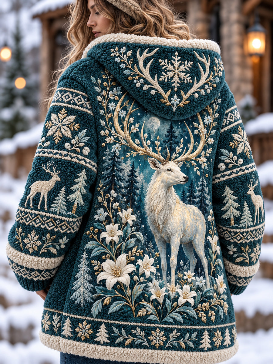 Women's Nordic Forest Animal  Mid-Length Hooded Jacket