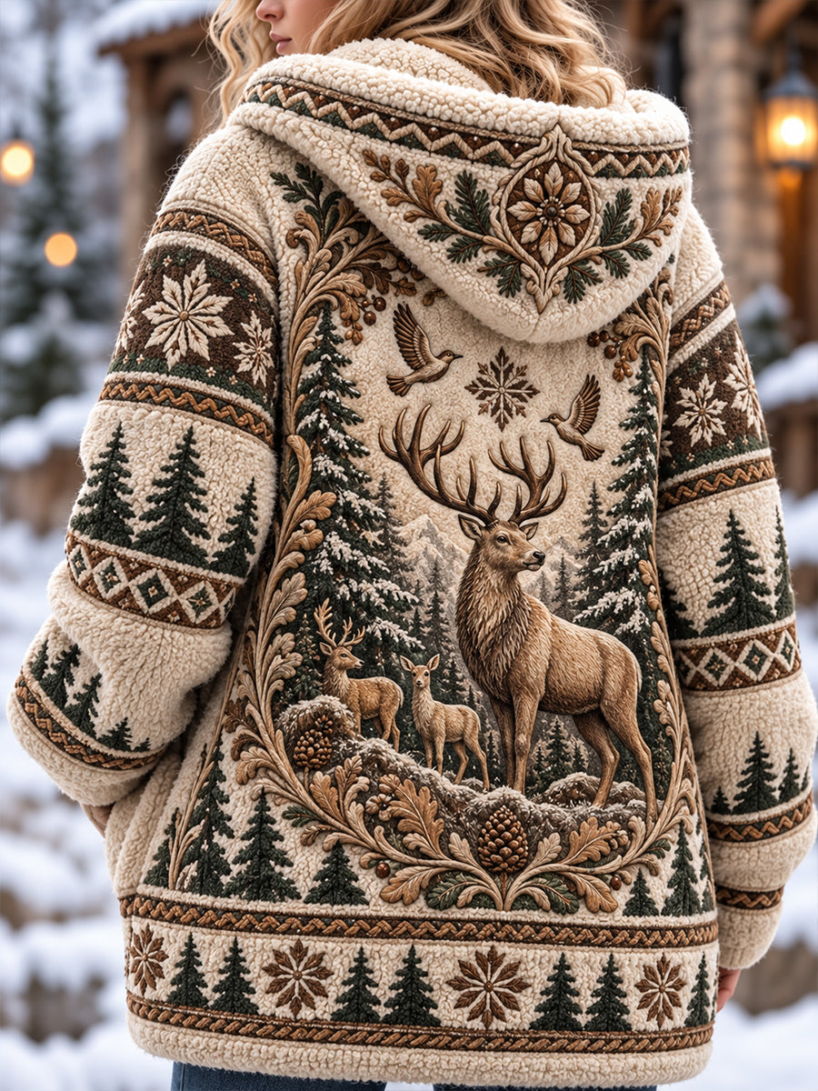 Women's Nordic Forest Animal  Mid-Length Hooded Jacket