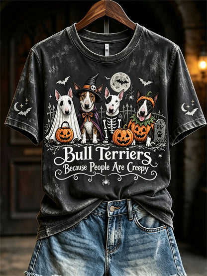 Women's Bull Terriers Because People Are Creepy Halloween Dogs Print short-sleeved T-shirt