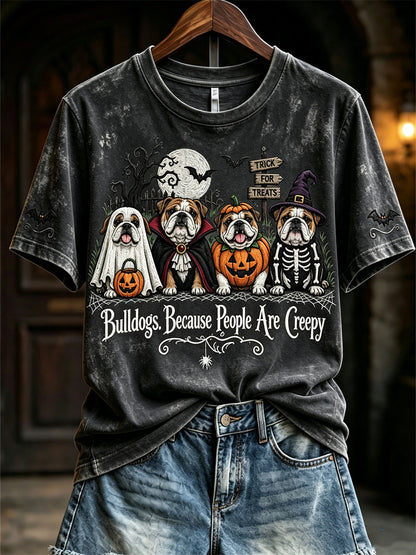 Women's Bulldogs Because People Are Creepy Halloween Dogs Print short-sleeved T-shirt