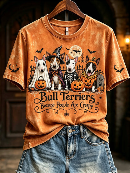 Women's Bull Terriers Because People Are Creepy Halloween Dogs Print short-sleeved T-shirt