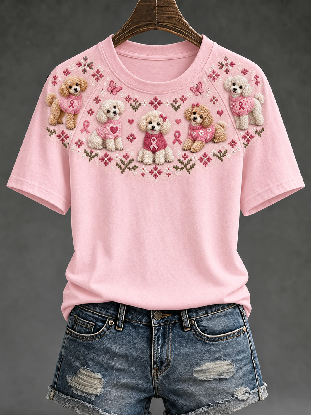 Women's Dog Pattern and Pink Charity Ribbon Design Casual Short sleeve T-shirt