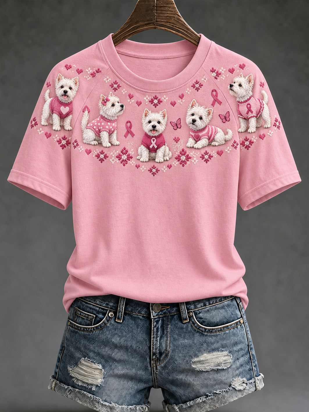 Women's Dog Pattern and Pink Charity Ribbon Design Casual Short sleeve T-shirt