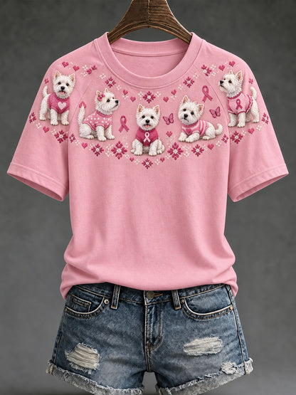 Women's Dog Pattern and Pink Charity Ribbon Design Casual Short sleeve T-shirt