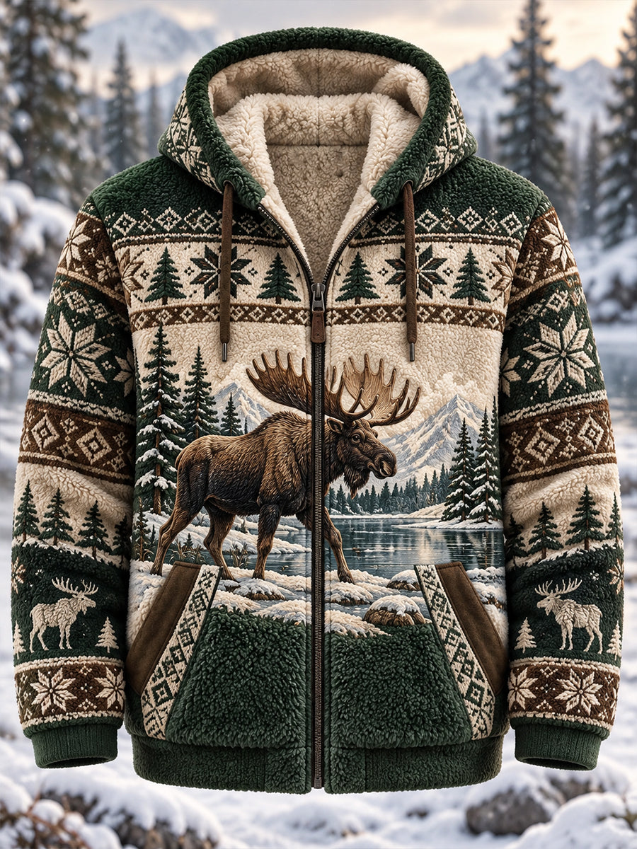 Men's Nordic Animal Print Flannel Hoodie