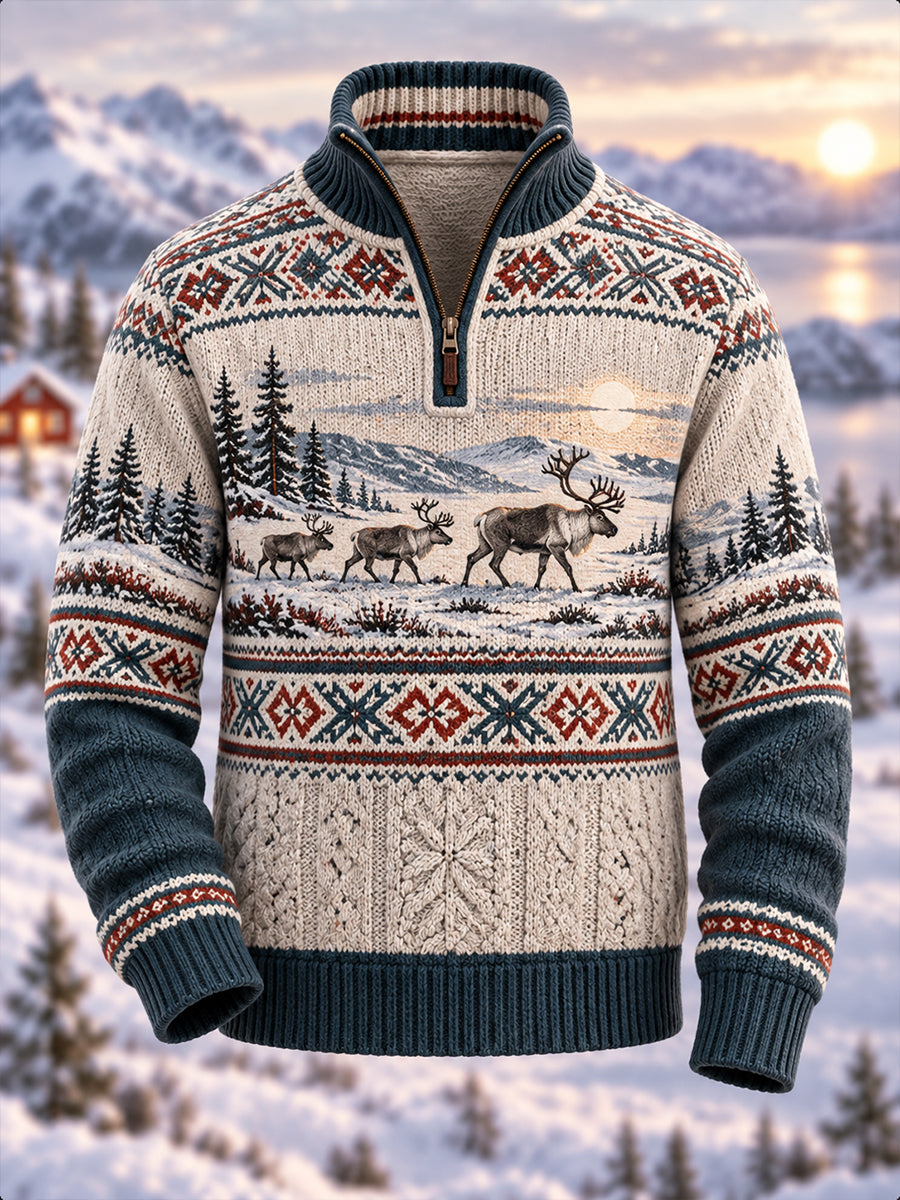 Men's Nordic Animal Print Flannel Half-Zip Sweater