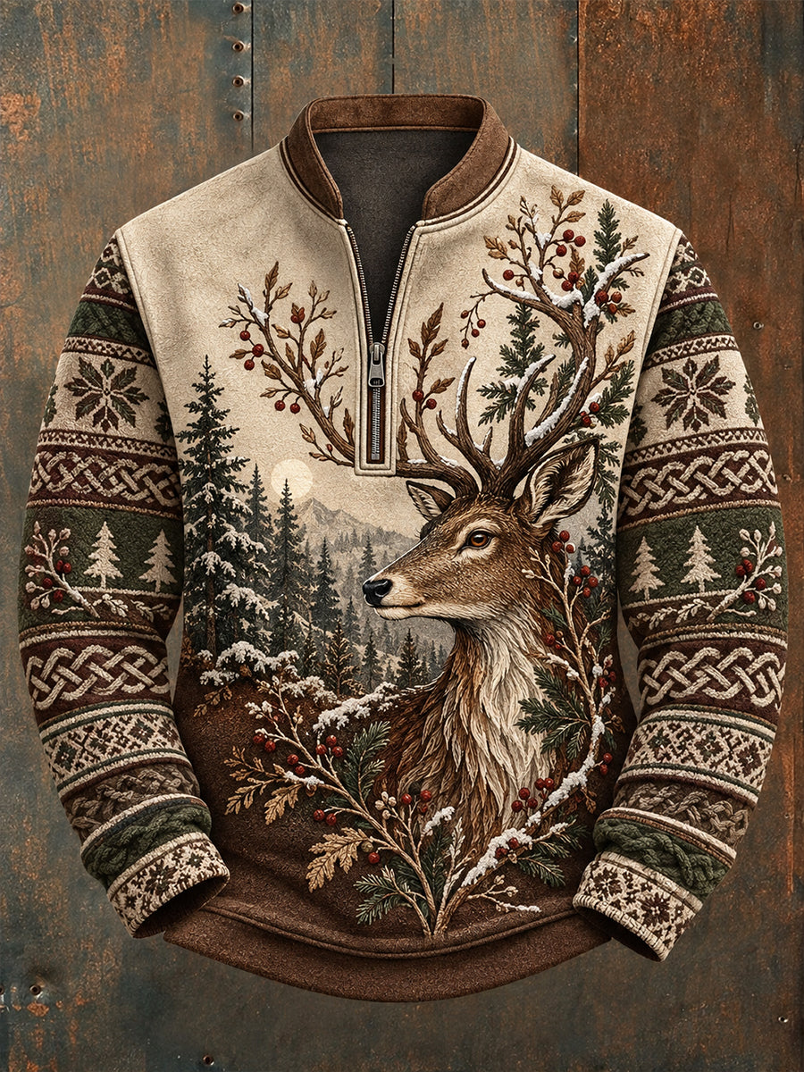 Men's Nordic Animal Print Flannel Half-Zip Sweatshirt