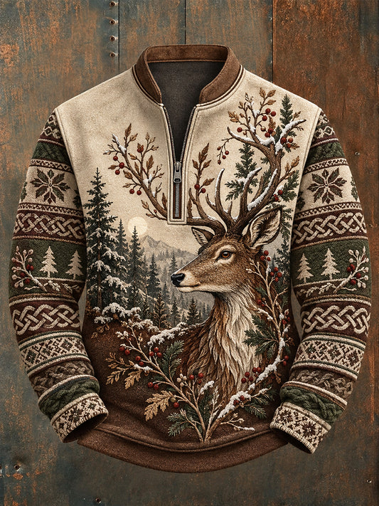 Men's Nordic Animal Print Flannel Half-Zip Sweatshirt