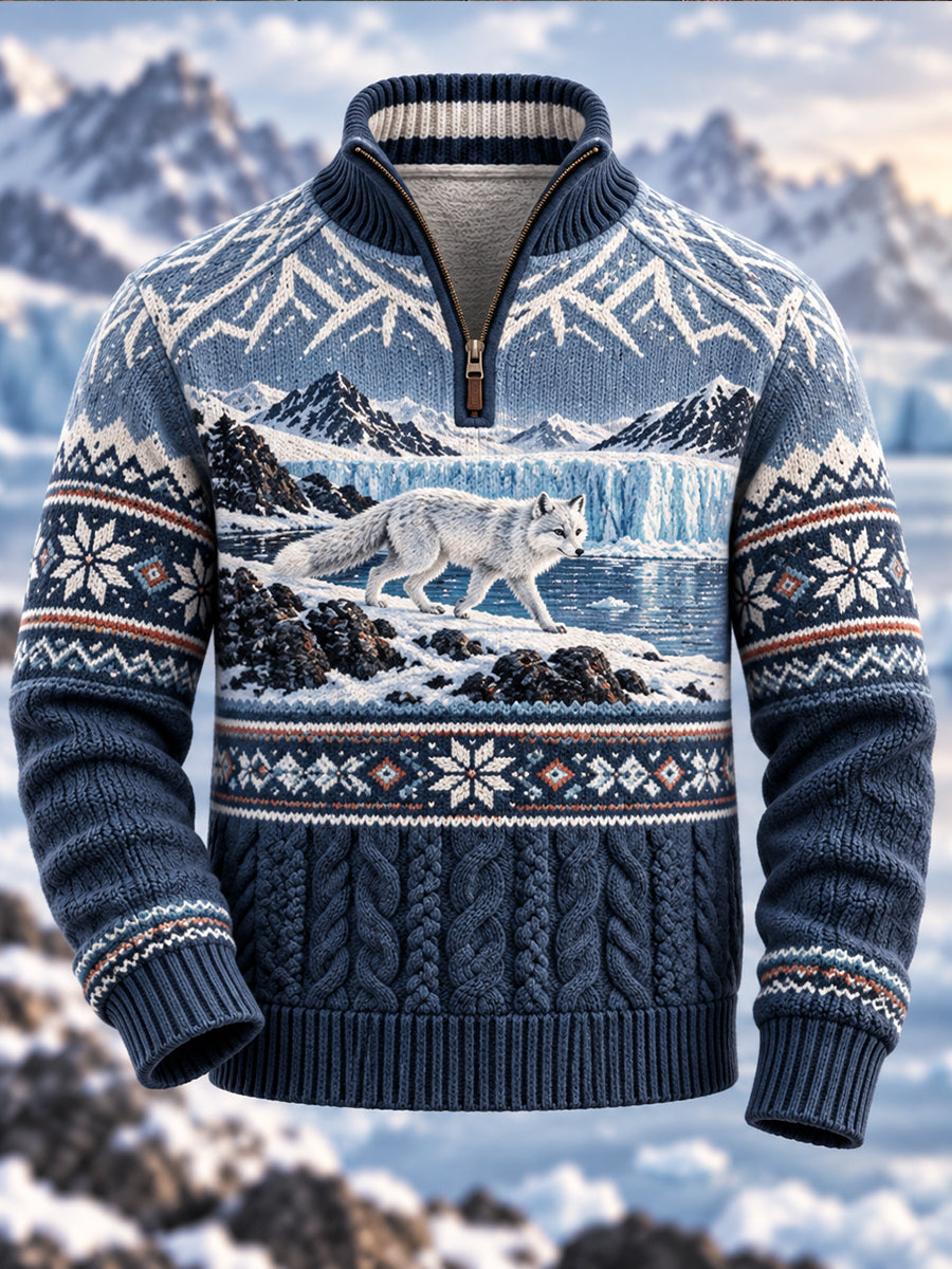 Men's Nordic Animal Print Flannel Half-Zip Sweater
