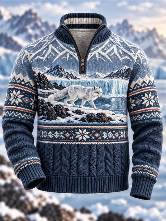 Men's Nordic Animal Print Flannel Half-Zip Sweater