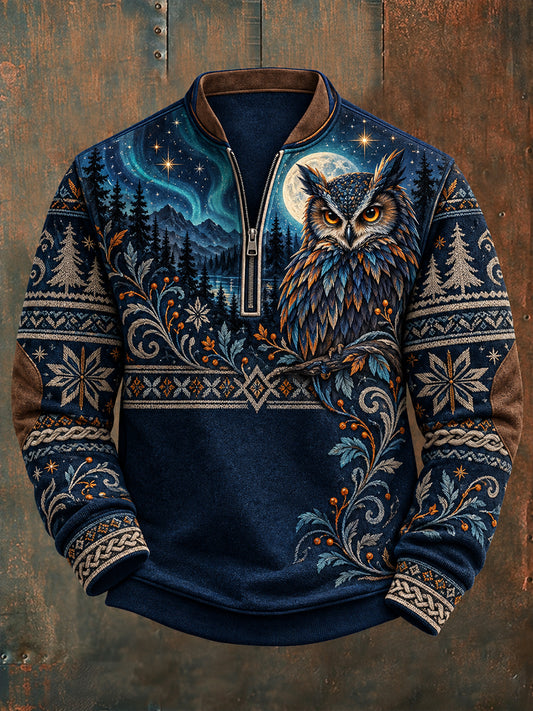 Men's Nordic Animal Print Flannel Half-Zip Sweatshirt
