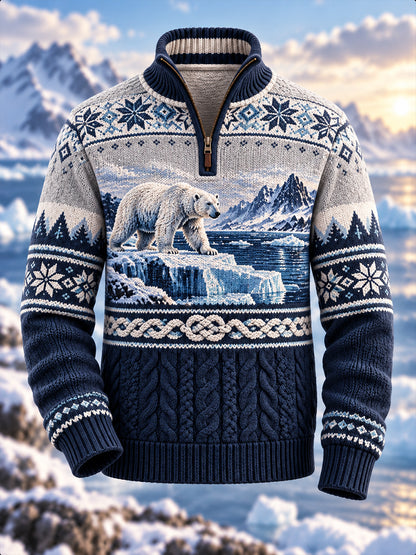 Men's Nordic Animal Print Flannel Half-Zip Sweater