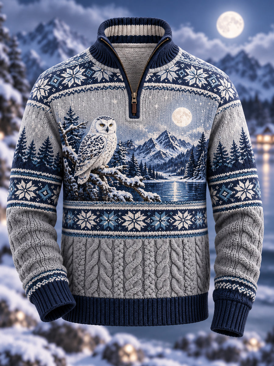 Men's Nordic Animal Print Flannel Half-Zip Sweater