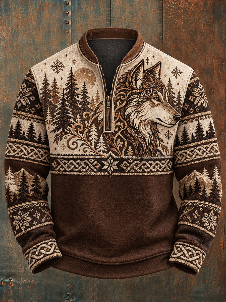 Men's Nordic Animal Print Flannel Half-Zip Sweatshirt