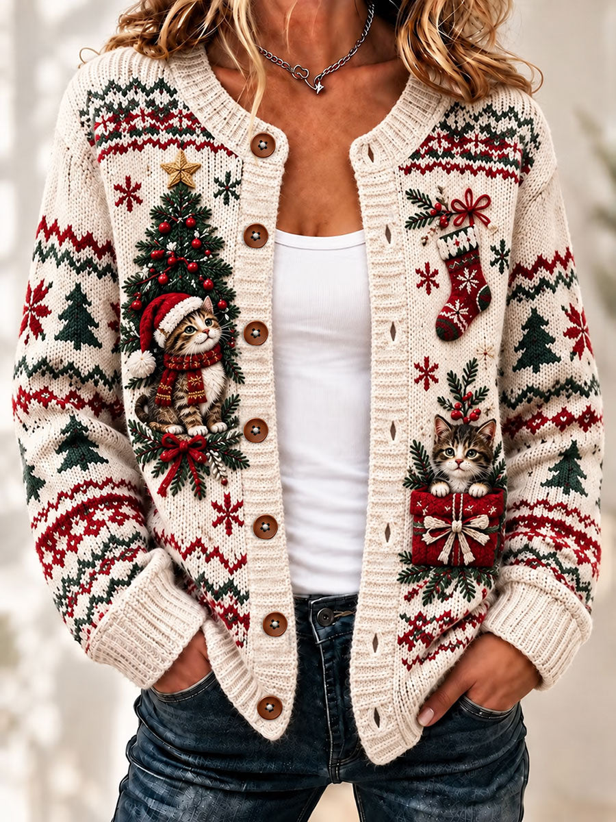 Women's Christmas Cute Cat  Art Print Casual Cardigan