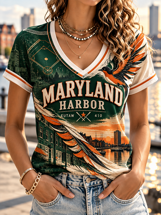 Women's Baltimore Orioles V-Neck Off-Shoulder Short-Sleeved T-Shirt