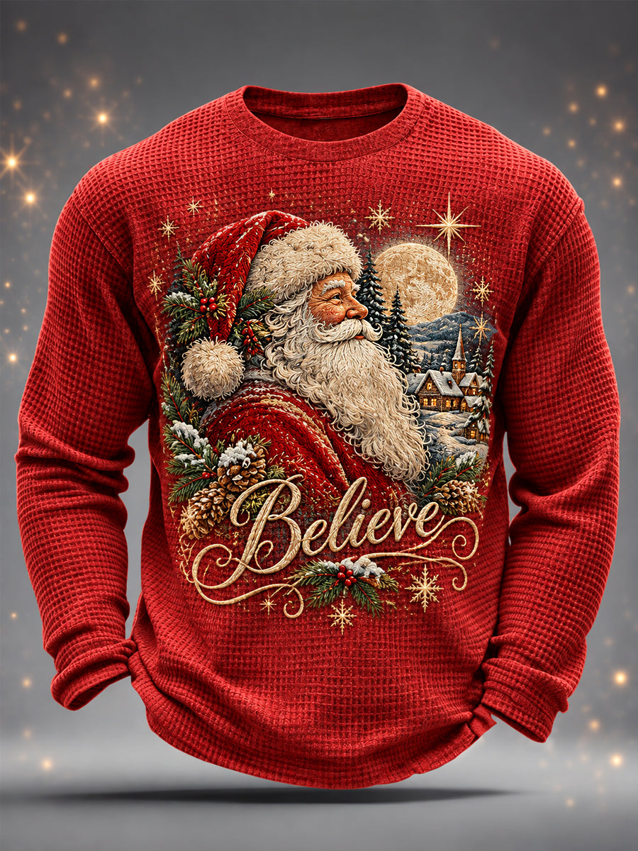 Men's Christmas Santa Claus Print Casual Waffle Long Sleeve T-Shirt