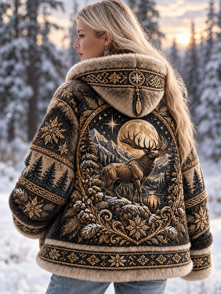Lady's Nordic Forest Animals Flannel Coat