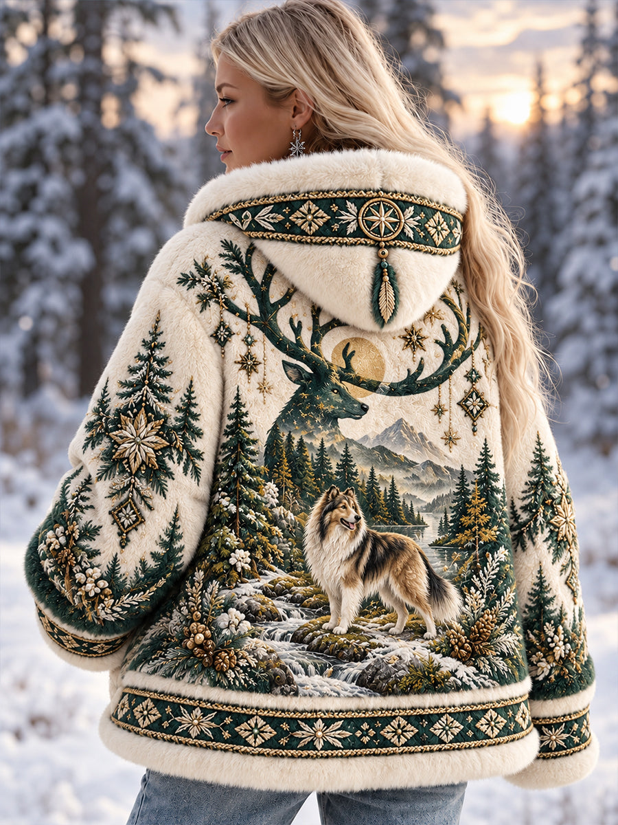 Lady's Nordic Forest Animals Flannel Coat
