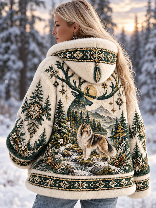 Lady's Nordic Forest Animals Flannel Coat