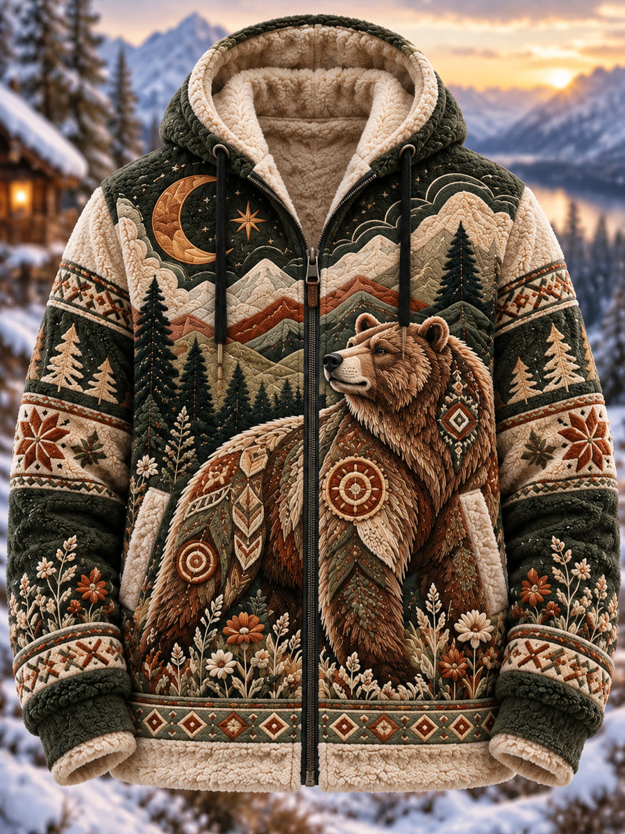 Men's Nordic Animal Print Flannel Zip-Up Hoodie