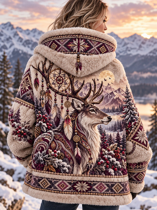 Women's Nordic-Style Animal Print Flannel Hooded Jacket