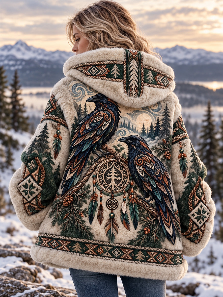Women's Nordic-Style Animal Print Flannel Hooded Jacket