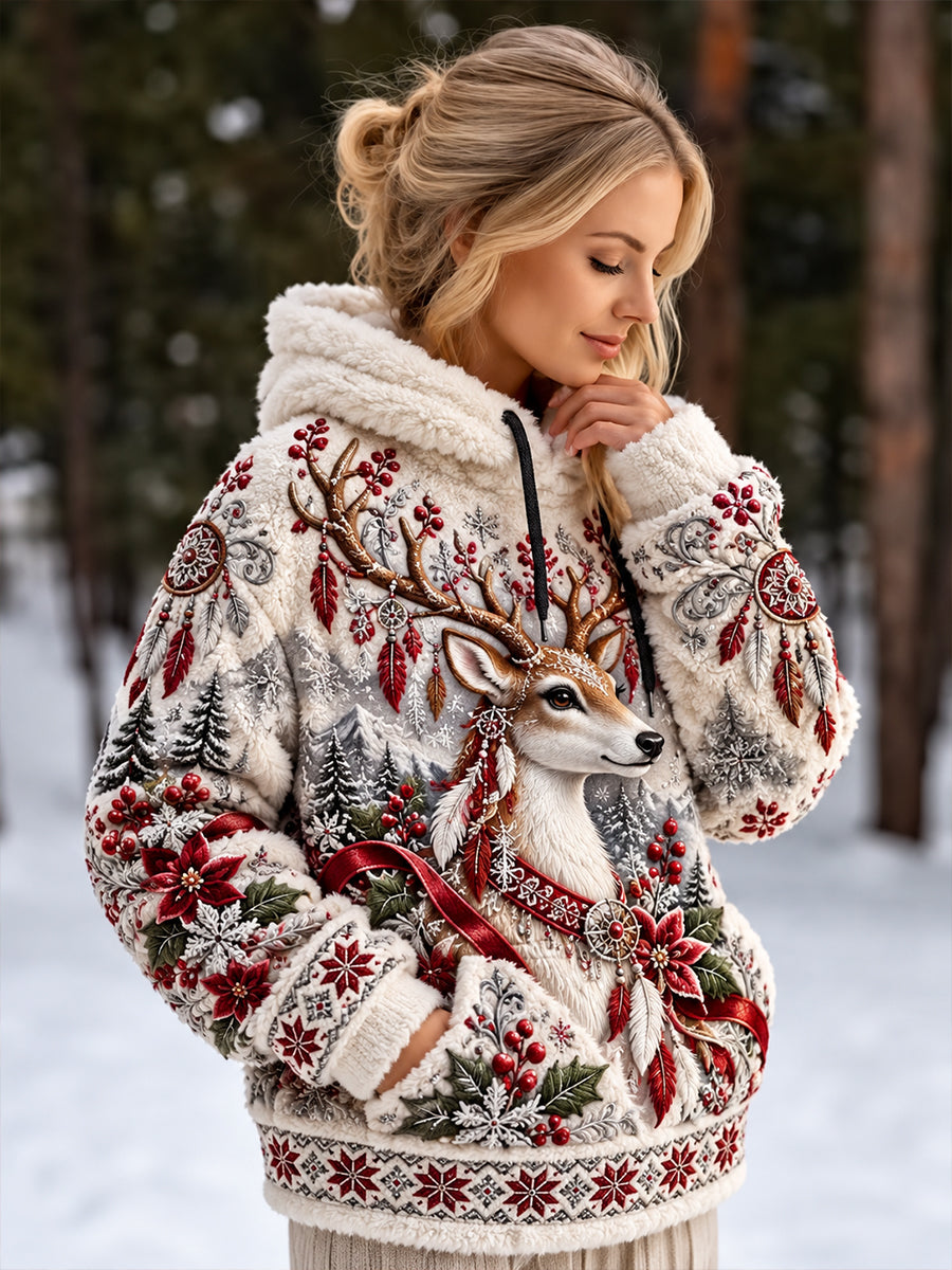Women's Nordic-Style Animal Print Flannel Hooded Sweatshirt