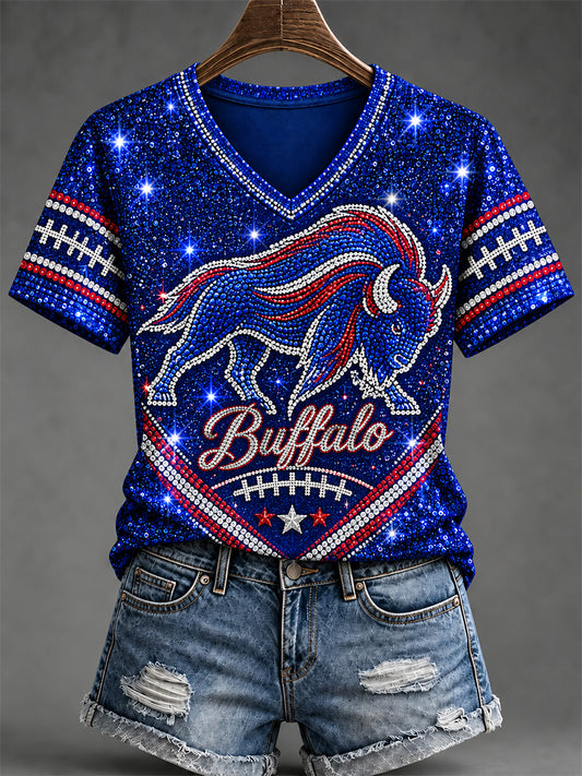 Women's Football Lover Buffalo Print V-Neck Tee