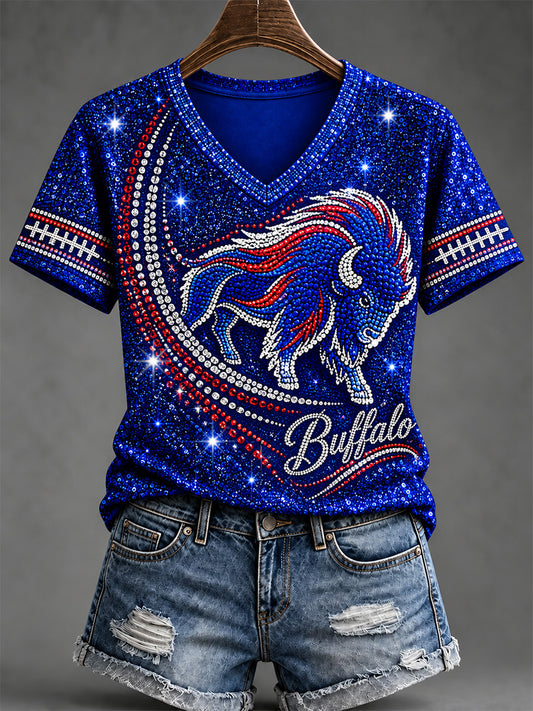 Women's Football Lover Buffalo Print V-Neck Tee