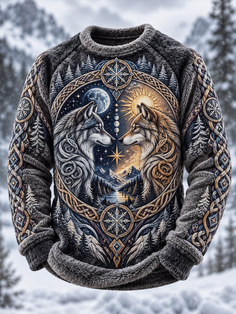 Men's Nordic Animal Print Flannel Crew-Neck Long-Sleeve Sweatshirt