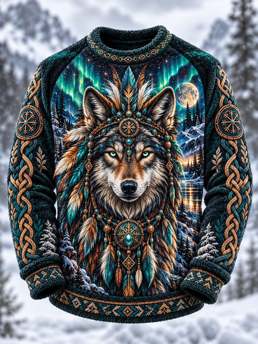 Men's Nordic Animal Print Flannel Crew-Neck Long-Sleeve Sweatshirt