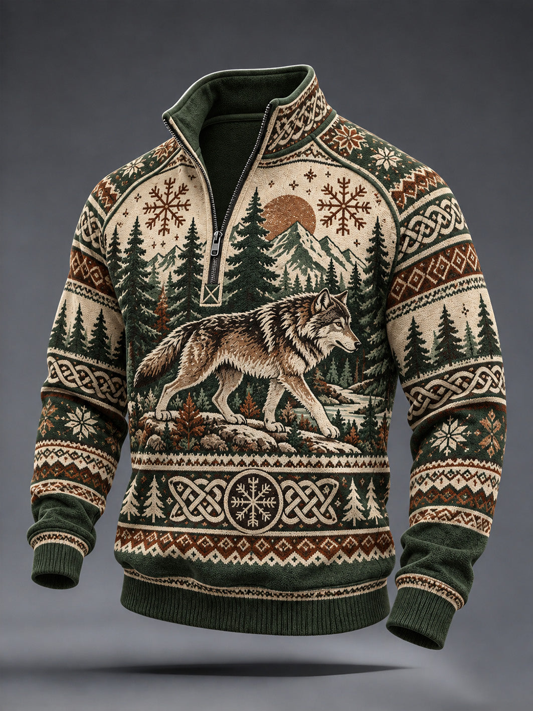 Men's retro Viking-style wolf-pattern casual half-zip sweatshirt