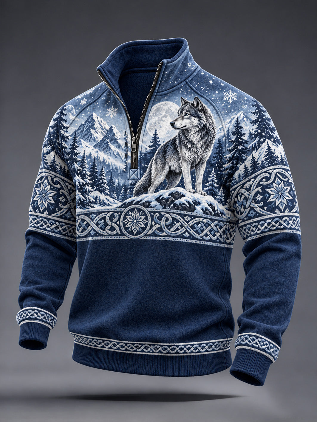 Men's retro Viking-style wolf-pattern casual half-zip sweatshirt