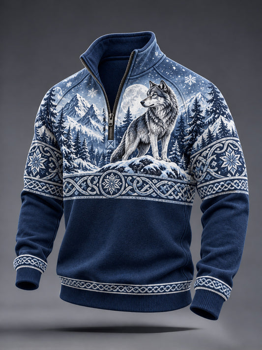 Men's retro Viking-style wolf-pattern casual half-zip sweatshirt