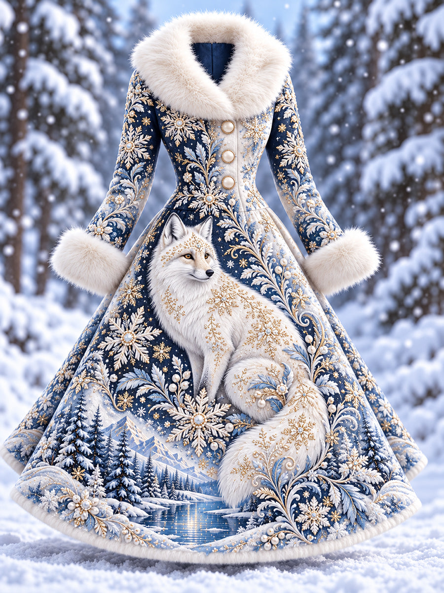 Women's Nordic Animal-Patterned Dress With Fur-Trimmed Collar