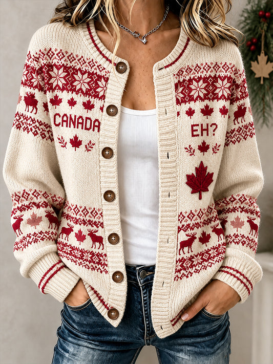 Women's Canada Christmas Art Printed Cardigan