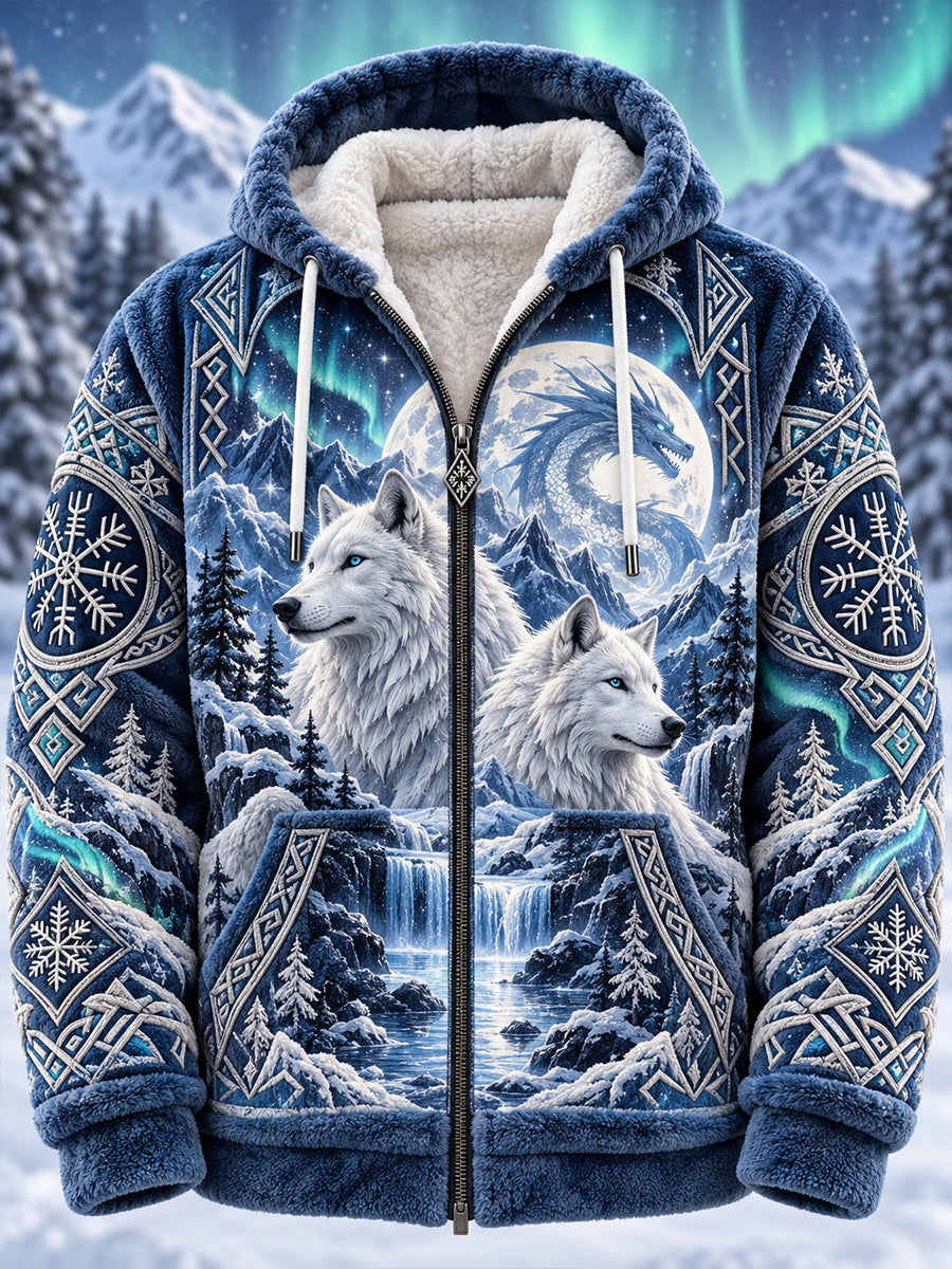 Men’S Nordic-Style Autumn/Winter Animal-Themed Flannel Hooded Jacket