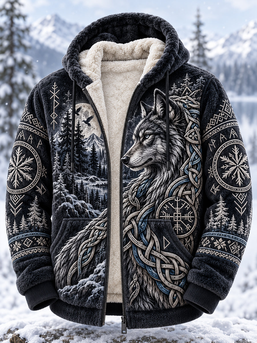 Men’S Nordic-Style Autumn/Winter Animal-Themed Flannel Hooded Jacket