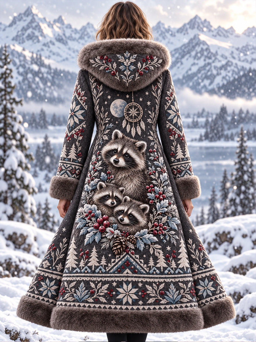 Women's Nordic-Style Autumn/Winter Animal-Themed Flannel Hooded Jacket