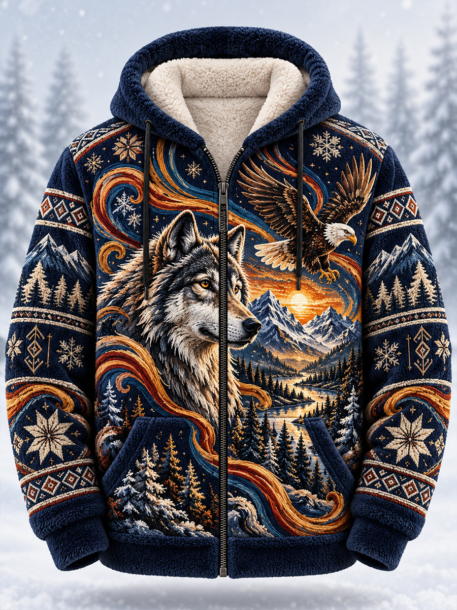 Men’s Nordic-Style Autumn/Winter Animal-Themed Flannel Hooded Jacket