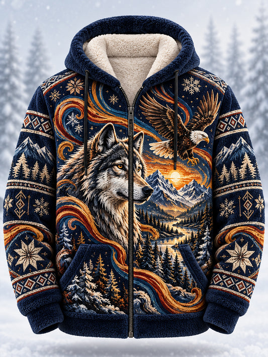 Men’s Nordic-Style Autumn/Winter Animal-Themed Flannel Hooded Jacket