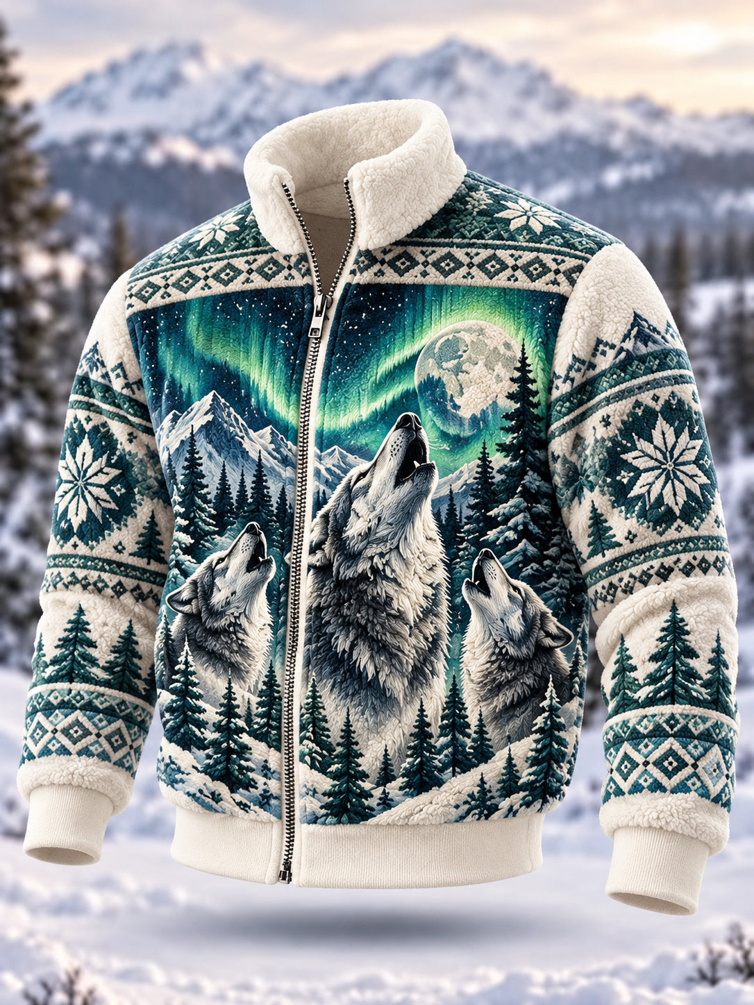 Men's Nordic Animals In Autumn And Winter Flannel Zipper Jacket