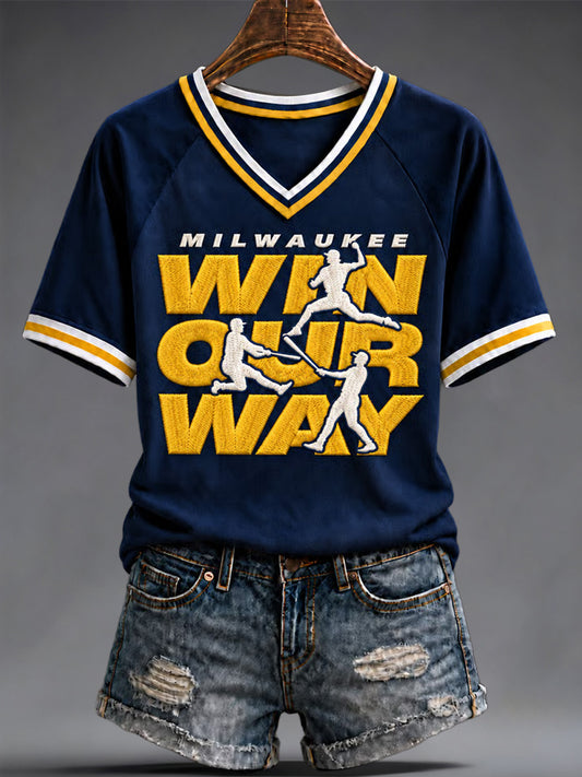 Women's Baseball Print V-Neck Tee