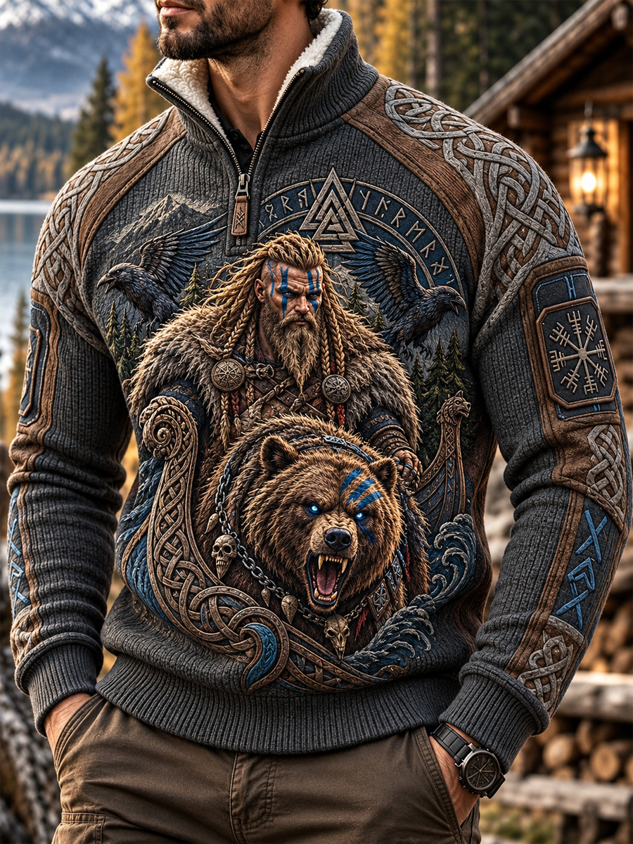 Men's Viking Art Placketed Sleeve Sweater
