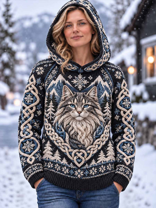 Women's Nordic Cat Pattern Print Hoodie Sweater